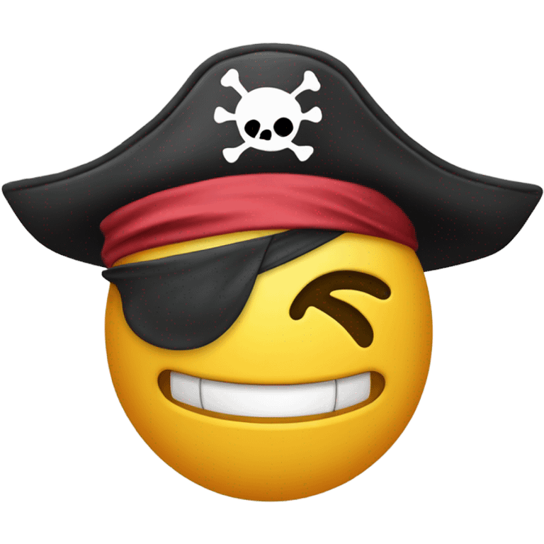 Smiley face with mouth closed wearing pirate hat and eye patch  emoji