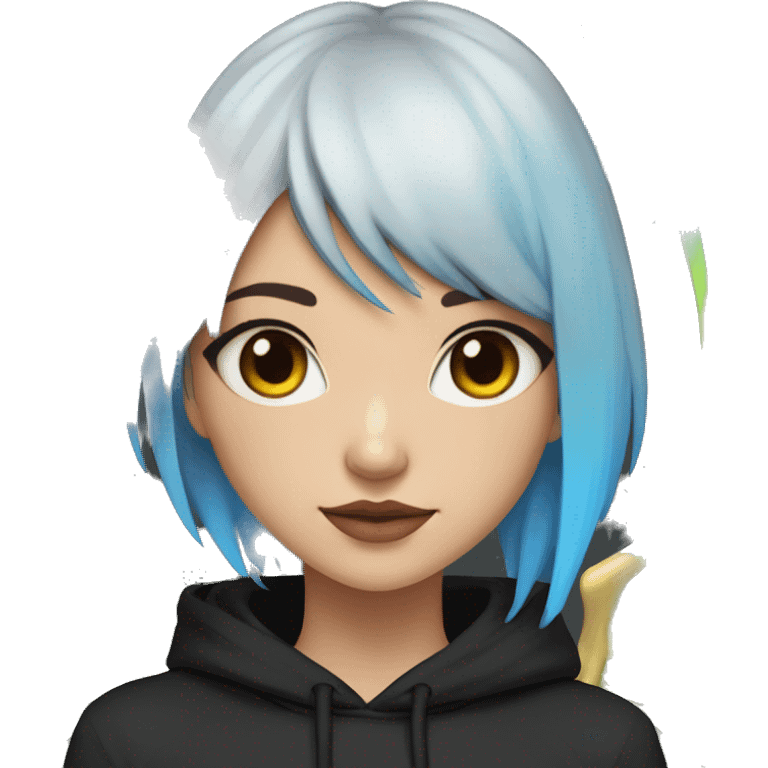 Lady with brunette and iridescent blue hair, gold, lime green dragon wings, black hoodie, bleach dyed, black and gold Nike t shirt, and bright red eyes emoji