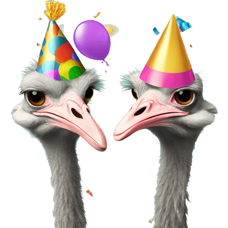 Two ostriches with party hats and confetti  emoji