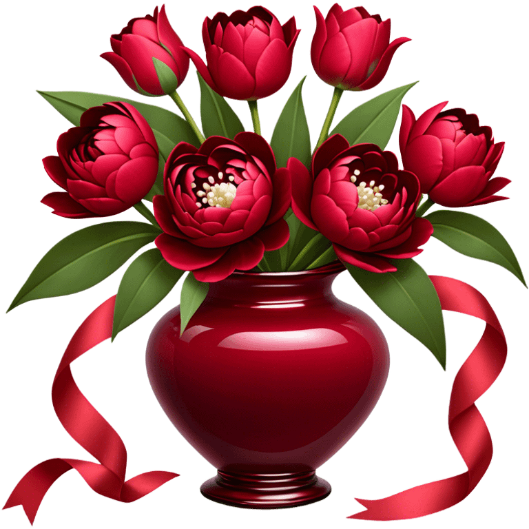 "An exquisite floral arrangement in a deep red glass vase, filled with velvety red peonies, classic roses, and striking tulips, accompanied by silky pearl-colored ribbons that drape gently over the surface." emoji