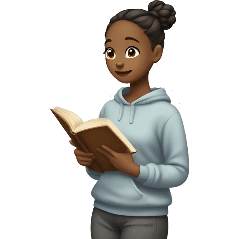 Girl with bun and in sweatshirt and sweatpants reading a book emoji