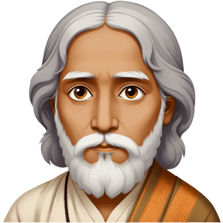 Rabindranath Tagore – Cinematic Realistic Portrait of Rabindranath Tagore, depicted with thoughtful, soulful eyes and gentle features, dressed in traditional Bengali attire with subtle artistic motifs, bathed in warm, soft lighting that evokes his poetic genius and timeless wisdom. emoji