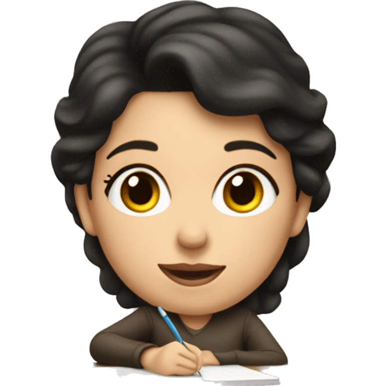 white mom with short dark hair writing  a notebook on a wooden desk emoji