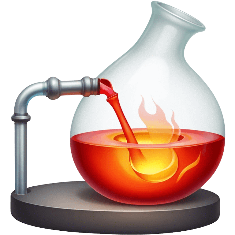 Glassblowing and casting icon, molten glass being shaped into a delicate object with a blowpipe, glowing red-hot glass being poured into a mold, unfinished glass sculpture, minimalistic style, clean lines, transparent background. emoji