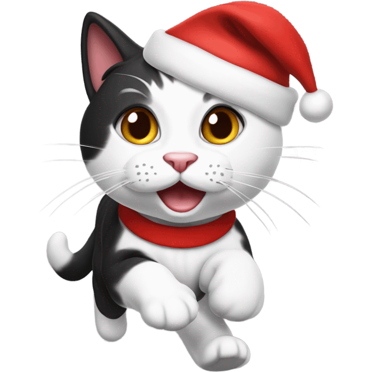 Running black and white cat wearing a Santa hat  emoji