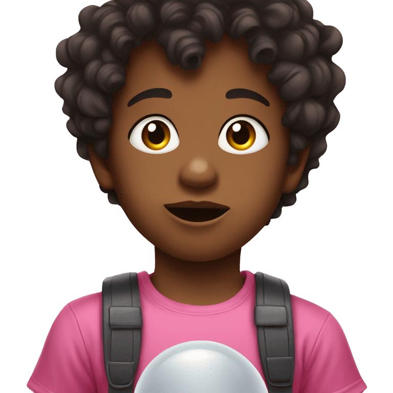 Young boy with pacifier in his mouth dark curled hair and a pink tshirt  emoji