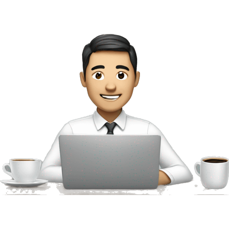 a Asian man, smile, glass, working with laptop in front, a cup of coffee on desk emoji