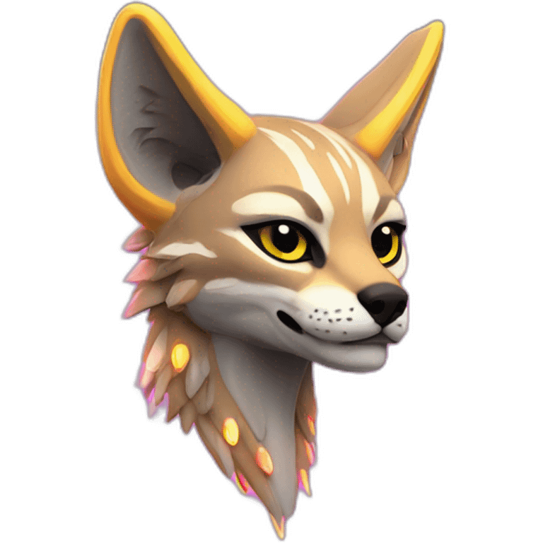 Coyote ocelot with grey and black fur and phoenix wings on back and pink ears half skeleton, neon lights emoji