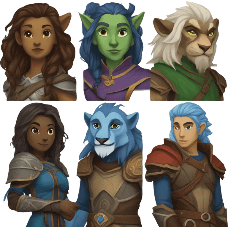 A dungeons and dragons team consisting of a human rogue,a blue Druid firbolg, a lion paladin and a female elf wizard emoji