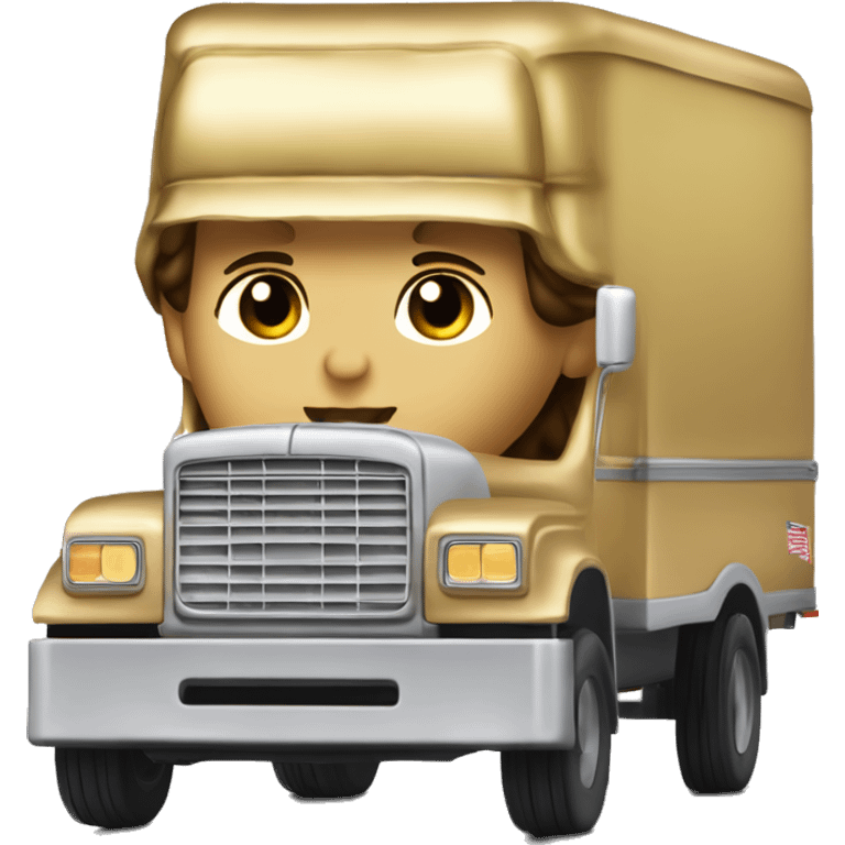 Side view of 1976 very very long 40 foot long mail delivery truck shaped like Princess Leia in gold outfit shaped truck emoji