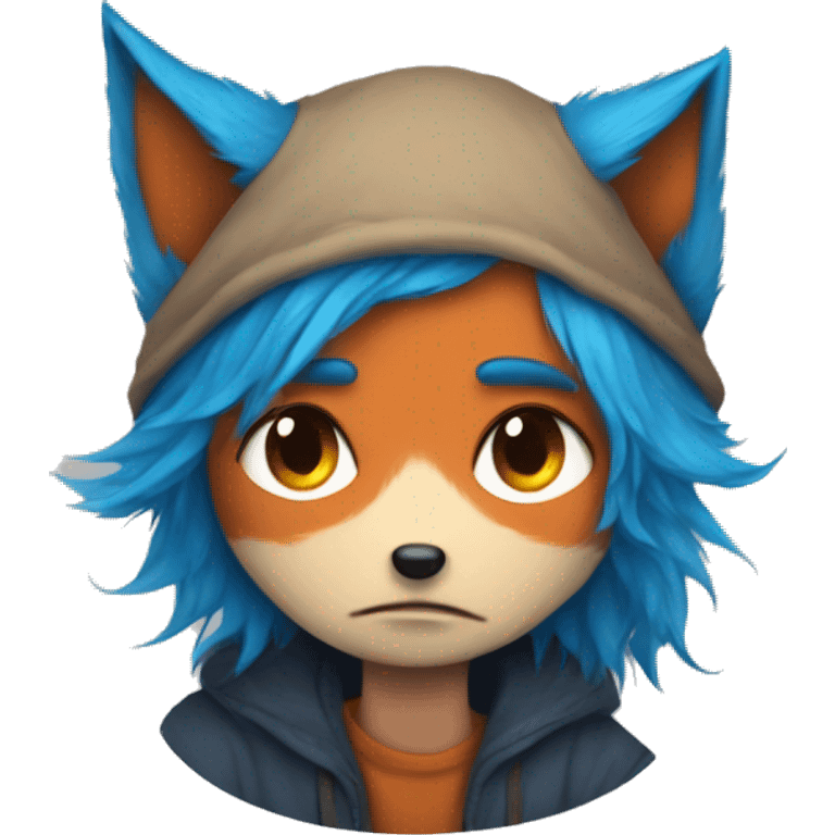 Sad fox being cuddled by blue haired boy in fox mask  emoji