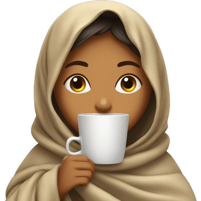 Saudi girl inside a blanket sipping coffee eyes closed emoji