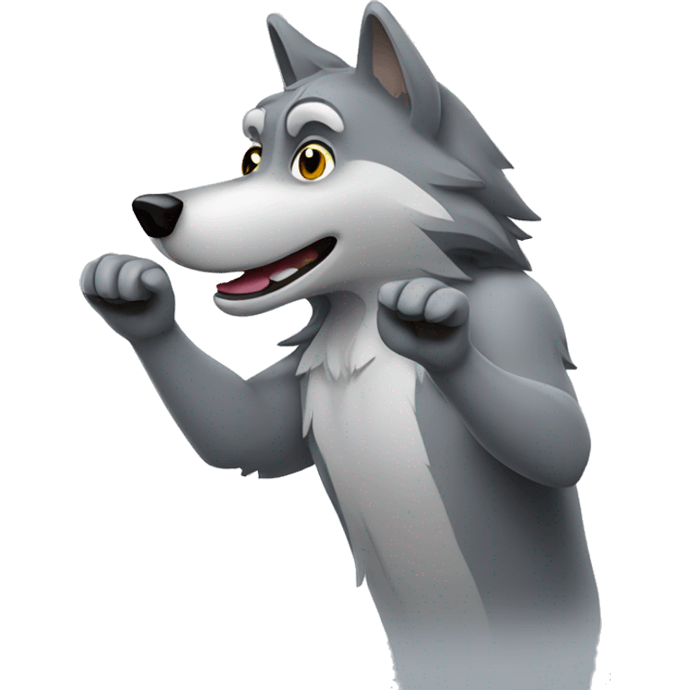 cartoony Grey wolf waving hand emoji