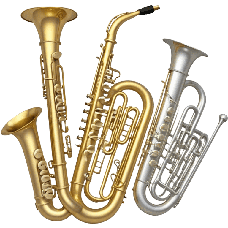 Create a professional, harmonious emoji collage symbolizing wind instruments.  The instruments should be in metallic gold, silver, and brass tones, with subtle reflections to convey a professional and polished appearance. Add soft musical notes or soundwaves to surround the instruments, creating a sense of movement and sound. The background should be transparent, ensuring all instruments are the focus and the composition remains harmonious and balanced. emoji