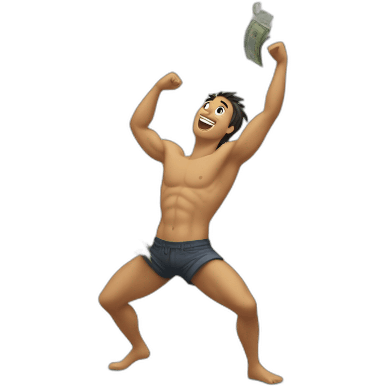 Shirtless guy dancing under raining money  emoji