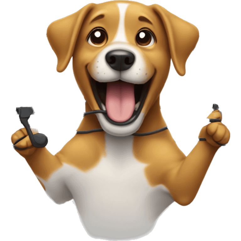 The dog is laughing, accidentally got caught in wires or dropped an instrument. emoji