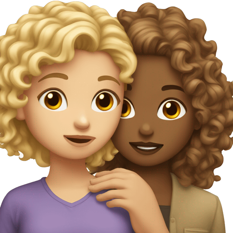 A girl with blonde curly hair kissing a girl with brown curly hair  emoji