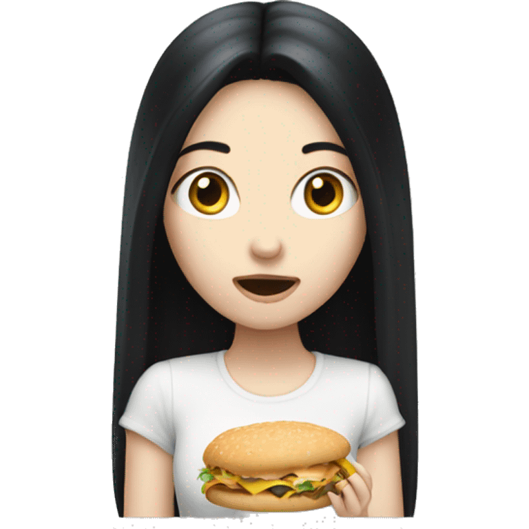 Pale girl with long black hair eating emoji