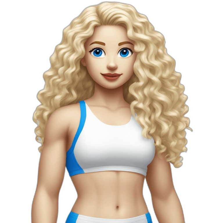 hyperrealist white long curly blonde hair blue eyes girl with white sports bra tight swim suit and sneakers facing towards camera emoji