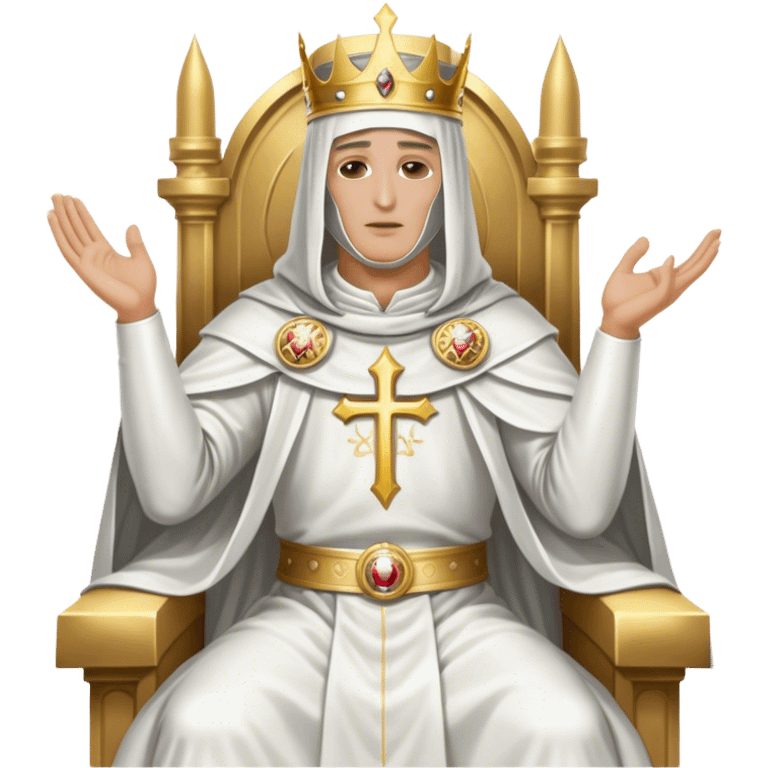 King Baldwin IV from Kingdom of Heaven, sitting on a throne in a holy white costume. He wears a silver mask covering his face, his head slightly bowed, and his right hand raised in a blessing gesture. emoji