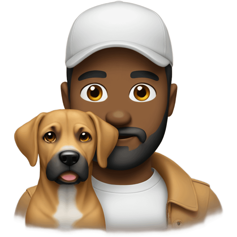 White man black beard with cap holding black mouth cur dog emoji