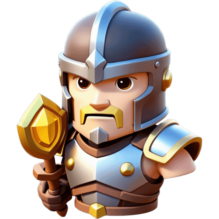 Clash of Clans aesthetic: Cinematic Playful 3D Isometric Armor Portrait Emoji, rendered in a 3D vector-style similar to standard emojis with minimal shading and bold, simplified shapes. A compact, distinct form with signature details, softly glowing with a fantasy RPG magic charm. Simplified yet unmistakably iconic, highly detailed and consistent, glowing with a soft radiance and high shine. Stylized with a touch of heroic grandeur and a soft glowing outline, capturing the essence of a beloved gaming relic with a friendly, playful manner! emoji