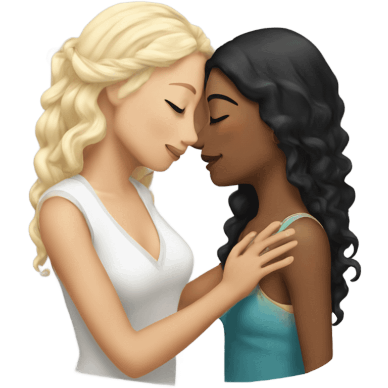 A indian race woman with long black hair kissing a white woman with curly blonde hair, Who embrace each other tenderly emoji