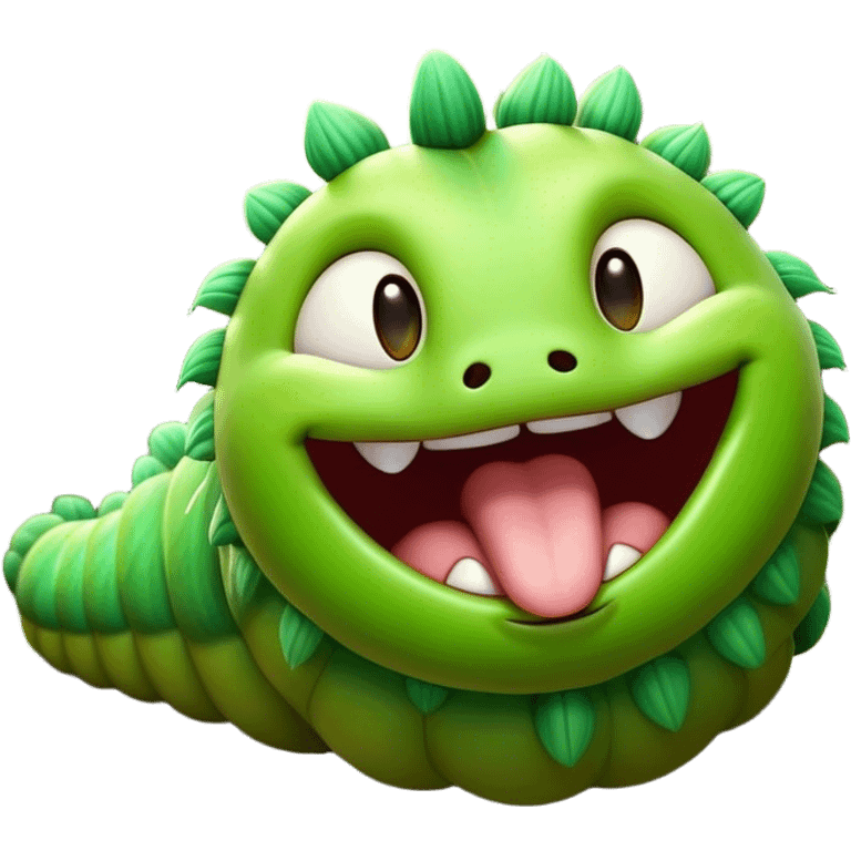 Cinematic Realistic Cute Yawning Caterpillar Portrait Emoji, Head tilted slightly with a dramatic, wide-open yawn, showcasing a soft, downy segmented body in vivid green with subtle drooping and half-closed, drowsy eyes, rendered with intricate natural texture and gentle shadows, high shine, relaxed yet expressive, styled with a dash of woodland charm, soft glowing outline, capturing the essence of a sleepy yet affectionate caterpillar that appears ready to stretch out and rest among the leaves! emoji