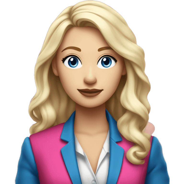 a 25 years old business woman in finance with long curled platinum blonde hair wearing hot pink blazer. she is white and has blue eyes with a pink blazer emoji