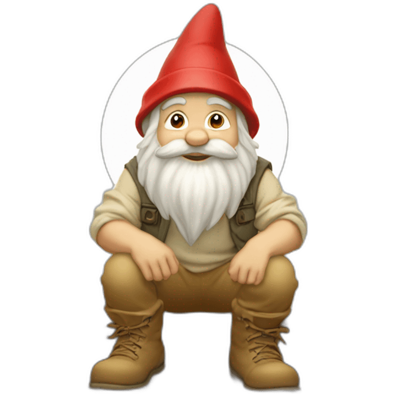 side view of gnome with light tan pants and light tan boots squatting in front of small dirt pile emoji