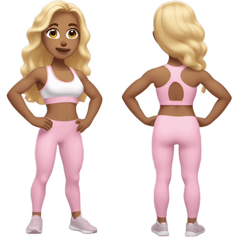 White woman, light skin, long hair, blonde hair, wavy hair, baby pink sports bra, baby pink leggings, flexing one arm emoji