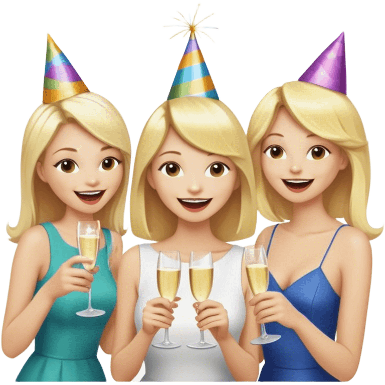 Woman with long blonde hair at the center of the group, her friends with short hair around her, all laughing, party emoji