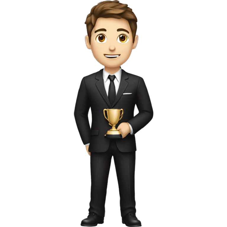 A young man with brown hair with a black suit holding a trophey, full body emoji