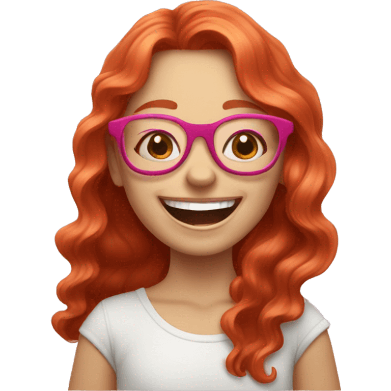 Pale, Long Wavy haired red head, girl with pink circular glasses glasses laughing emoji