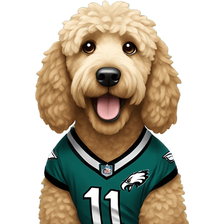 Golden doodle wearing eagles jersey emoji