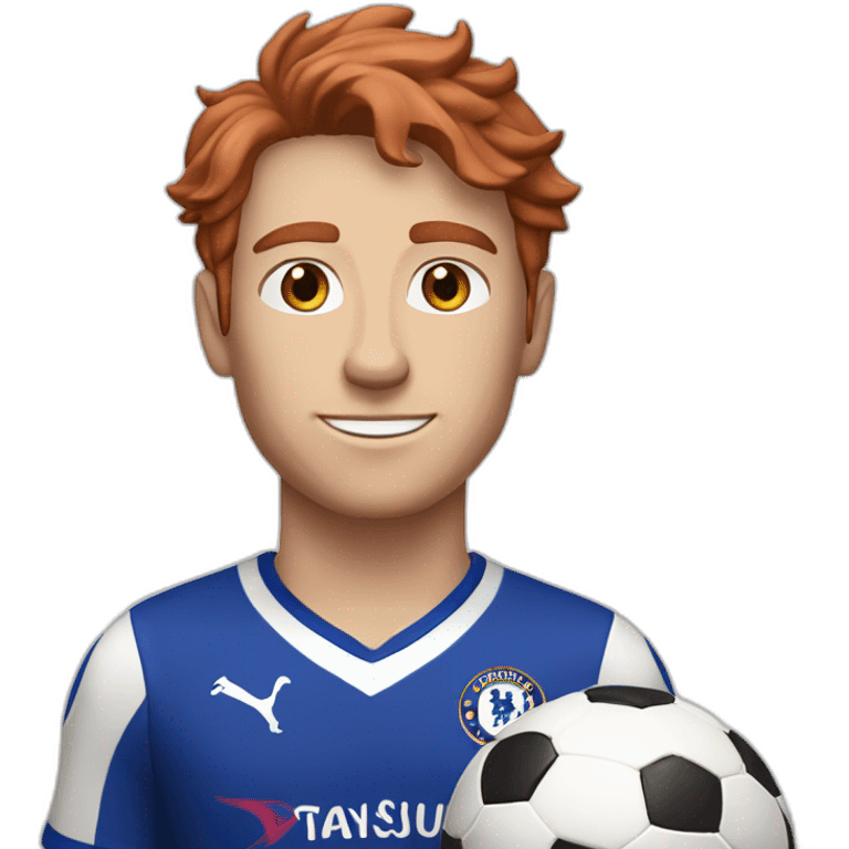 skinny white young man with short and wavy red hair holding a soccer ball and wearing a chelsea FC jersey emoji