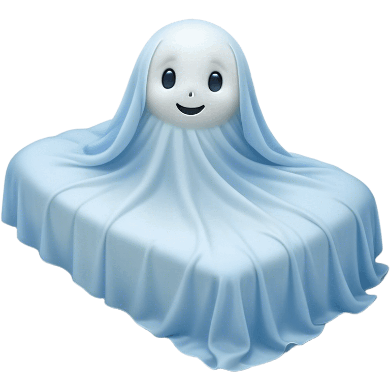 An adorable, peacefully floating sheet-like ghost in gentle pastel whites and blues, its soft, rounded form loosely draped, head resting with closed, serene sparkling eyes and a tiny, contented smile, simplified yet irresistibly charming, highly detailed, with a soft glowing outline that captures the essence of a sleepy, endearing spirit wrapped in cozy slumber! emoji