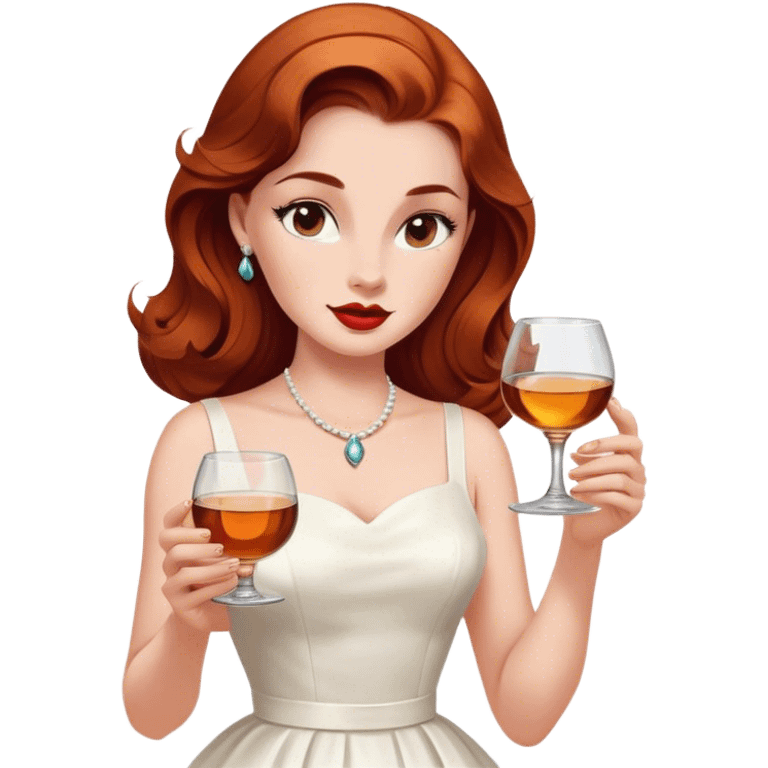 oval face Beautiful woman in 1950’s woman fashion look, white dress, long auburn hair, whisky emoji