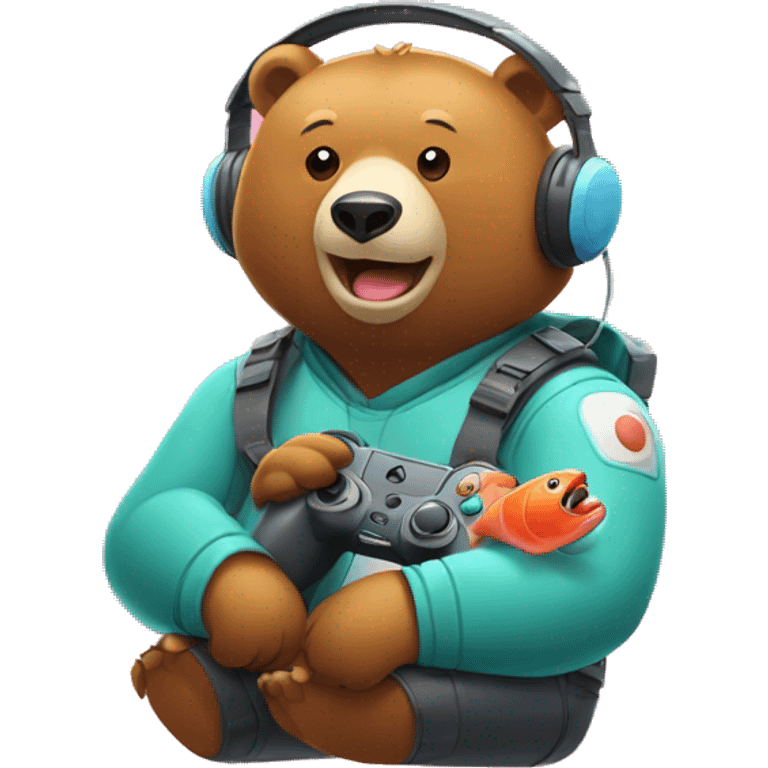 Bear wearing headset playing video game about catching salmon emoji