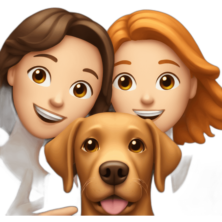 Ginger Labrador having a selfie with two dark brown haired woman in a relationship emoji