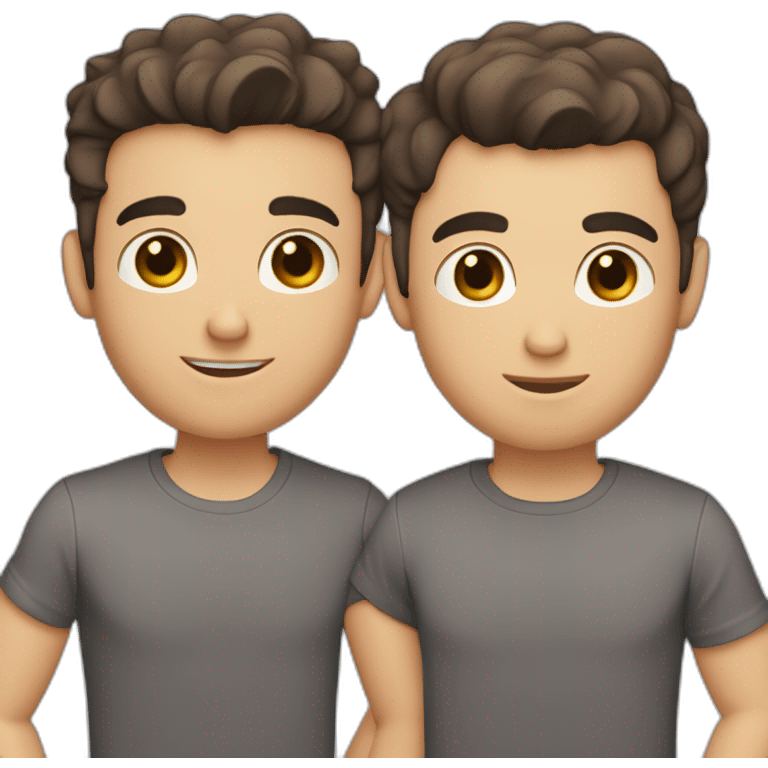 gay couple, one guy in dark gray shirt, slim face, short messy dark brown hair, dark eyes, other guy - short brown hair,light gray shirt, blue eyes, slightly shorter emoji