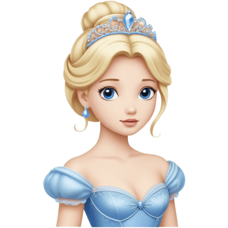 Cinematic Realistic Cinderella Portrait, depicted with lifelike porcelain skin, elegantly styled blonde hair, and a serene, graceful expression. Dressed in her classic ball gown with intricately detailed fabric textures and delicate pastel hues that catch soft, natural lighting, this portrait captures the timeless beauty of a fairy tale princess. emoji