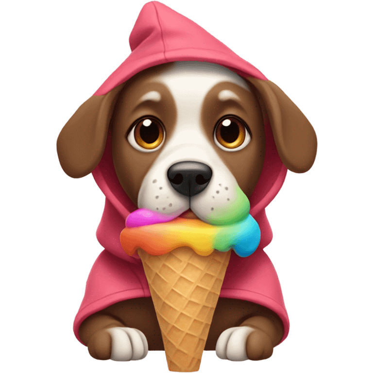 Dog wearing a hoodie eating ice cream emoji