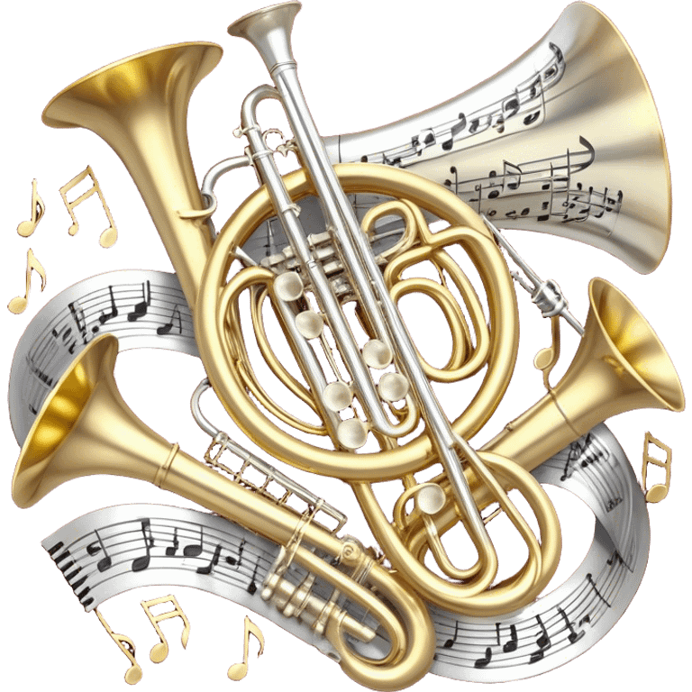 Create a festive and elegant emoji collage featuring a bouquet or fan of bells of wind instrument  (trumpets, saxophones, trombones, tubes, etc.) arranged in a radiant, symmetrical pattern. The instruments should have polished, golden and silver finishes, with their large, shiny bells forming a beautiful, fan-like display. Include a flowing ribbon of musical notes swirling through the center, conveying movement and melody. The background should feature a deep red velvet texture, adding a touch of luxury and sophistication. The overall composition should be balanced, with an elegant and regal feel, with a transparent background to keep focus on the instruments and musical elements. emoji