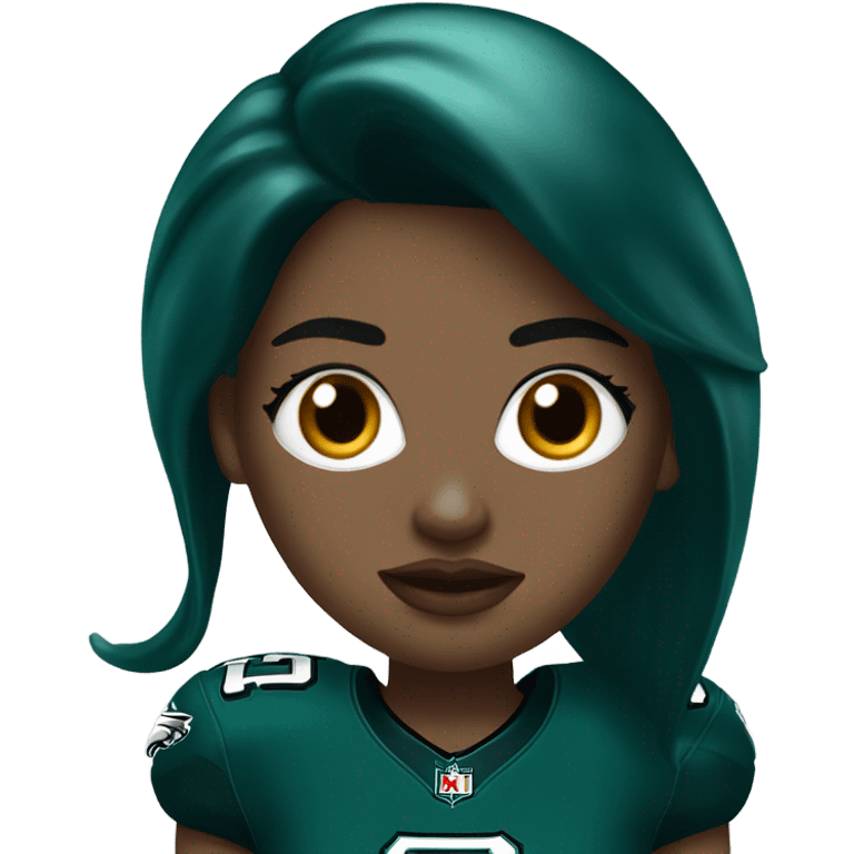 White female long dark hair red lips wearing Philadelphia Eagles jersey emoji