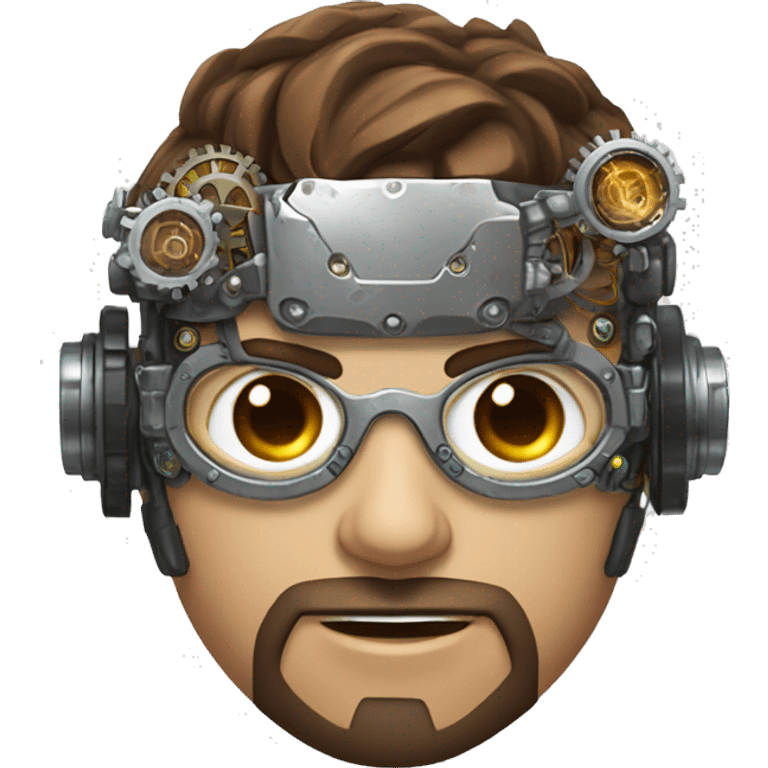 male cyborg head with brown short hair, brown beard, silver steampunk goggles and circuitry emoji