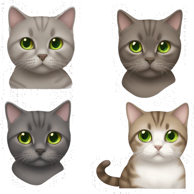 Brown british shorthair with Brown eyes + Grey Tabby scotish fold with Green eyes sitting emoji