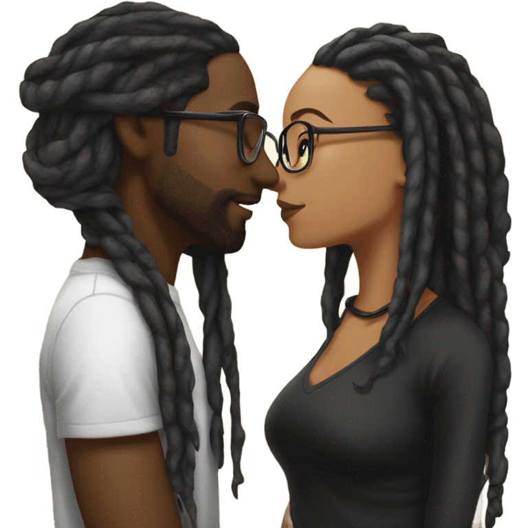 black couple with locs, male lightskin with long black locs, female brown skin with glasses and BLACK locs tied up kissing emoji