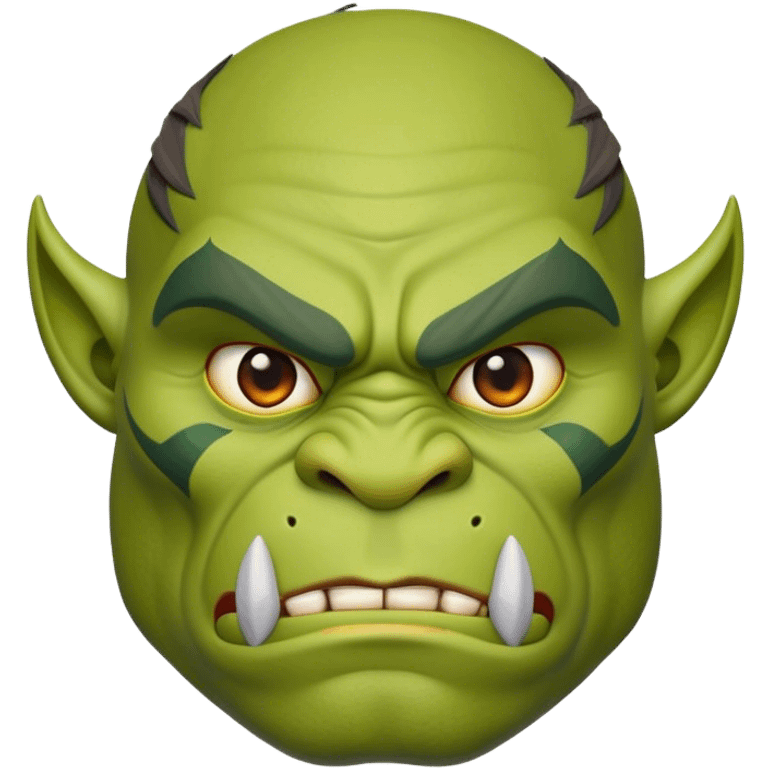 Cinematic Noble Ogre Portrait Emoji, Majestic and imposing, with a rugged, muscular form in deep earthy greens and browns, adorned with battle scars and subtle tribal markings, exuding calm, noble strength and unexpected wisdom, simplified yet strikingly detailed, glowing with a shadowy outline that captures the essence of a gentle giant with fierce heart! emoji