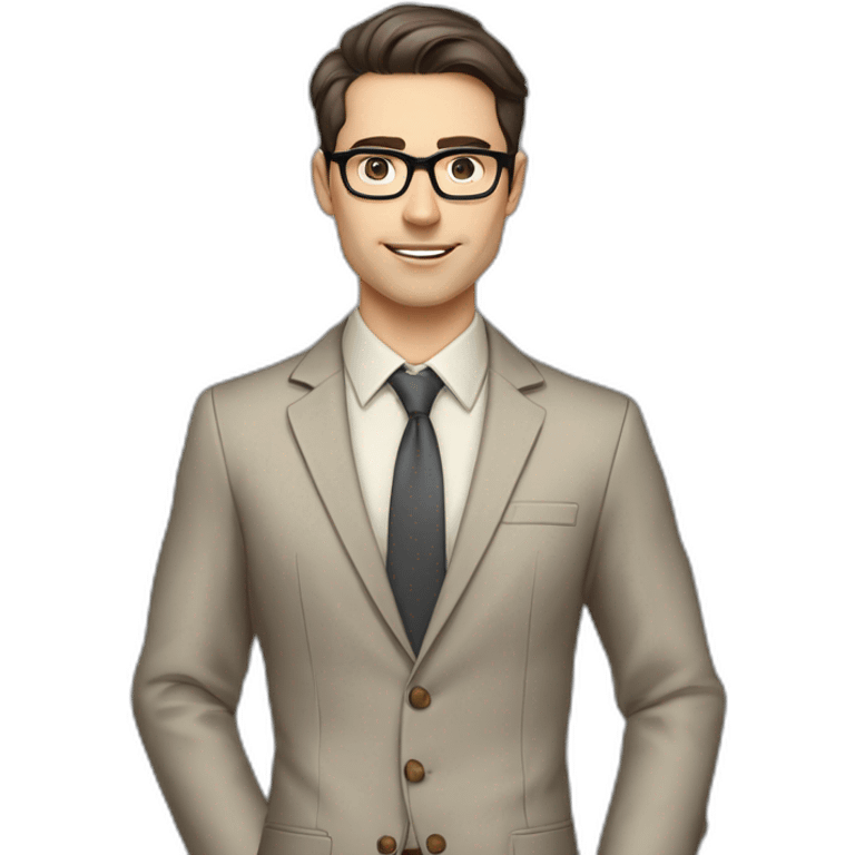 Pale skinned fit man with dark brown hair in gray jacket, beige office shirt, brown tie, brown pants and vintage glasses Writing on the marker board emoji